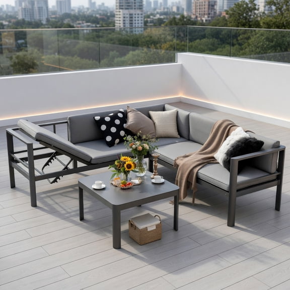 GVN Backyard Furniture Sets,Outdoor Furniture Sets,3 Pieces Aluminum Patio Furniture Set with 6-Level Adjustable Backrest-Gray