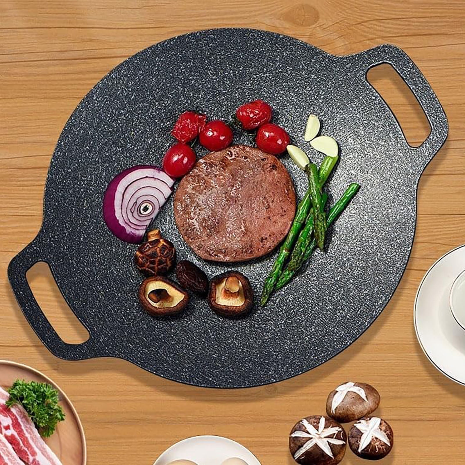 Bronze Large BBQ Griddle Pan, 14.2 Inch Korean Non Stick Grill Tray, 1 Count, Round Stovetop Plate For Family Feast, Outdoor Camping Gear, Samgyeopsal Roasting, Cassette Stove Accessories