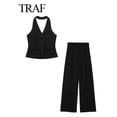 thumbnail image 4 of TRAF-Conjunto de 2 piezas con cuello Halter para mujer, chaleco sin mangas con bolsillo de una sola botonadura, Tops + bolsillos con cremallera de cintura alta, pantalón de pierna ancha, 4 of 5
