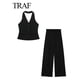 thumbnail image 4 of TRAF-Conjunto de 2 piezas con cuello Halter para mujer, chaleco sin mangas con bolsillo de una sola botonadura, Tops + bolsillos con cremallera de cintura alta, pantalón de pierna ancha, 4 of 5