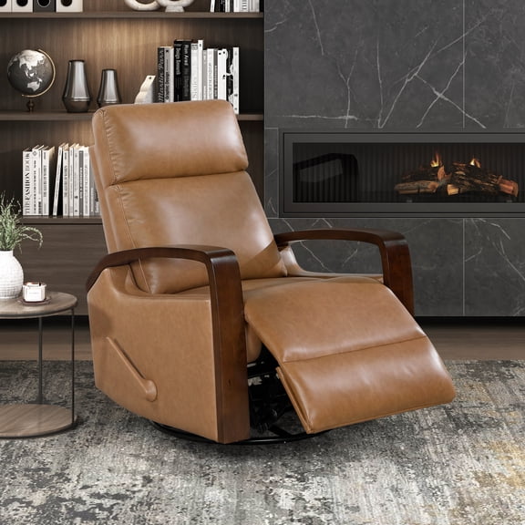 OakvillePark Vexa Faux Leather Swivel Glider Reclining Chair with Wooded Arms, Camel