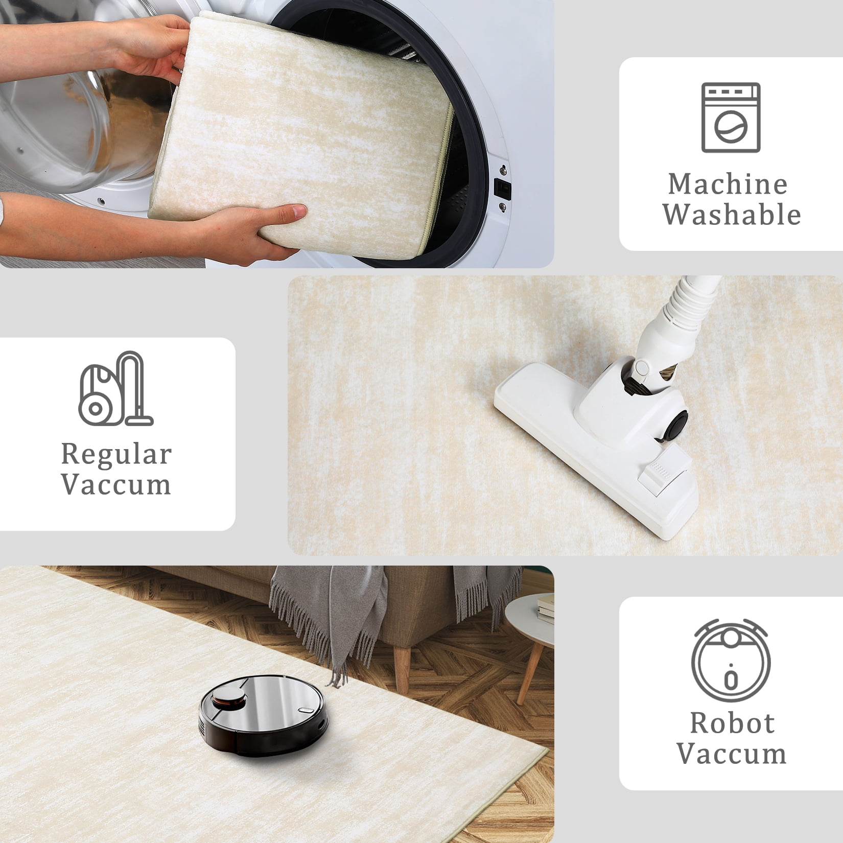 FairOnly 5'x7'Modern Abstract Non Slip Non Shedding Area Rug Solid Texture Machine Washable Rug for Living Room Bedroom Dining Room，Beige White