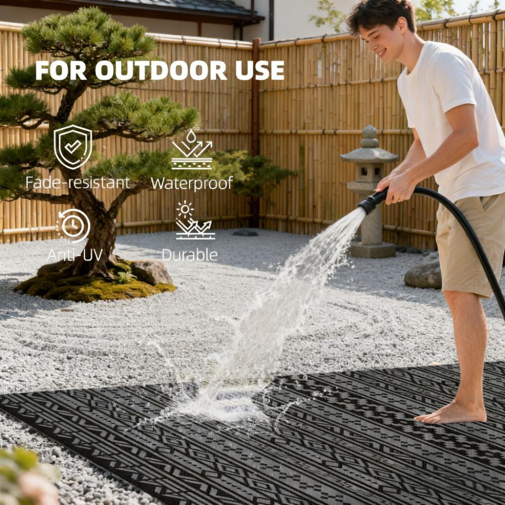 9' x 18' Black & Gray Geometric Wall Reversible Outdoor Patio Rug, Waterproof Plastic Straw RV Camping Rug with Carry Bag, Foldable Fade Resistant Mat