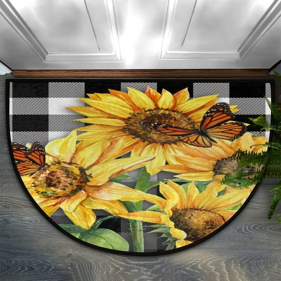 Apular Sunflower Buffalo Plaid Half Round Door Mat Half Circle Area Rug Doormat Home Decor Rug Front Welcome Entrance Way Mat for Indoor Outdoor Kitchen Bedroom 16x24 Inch