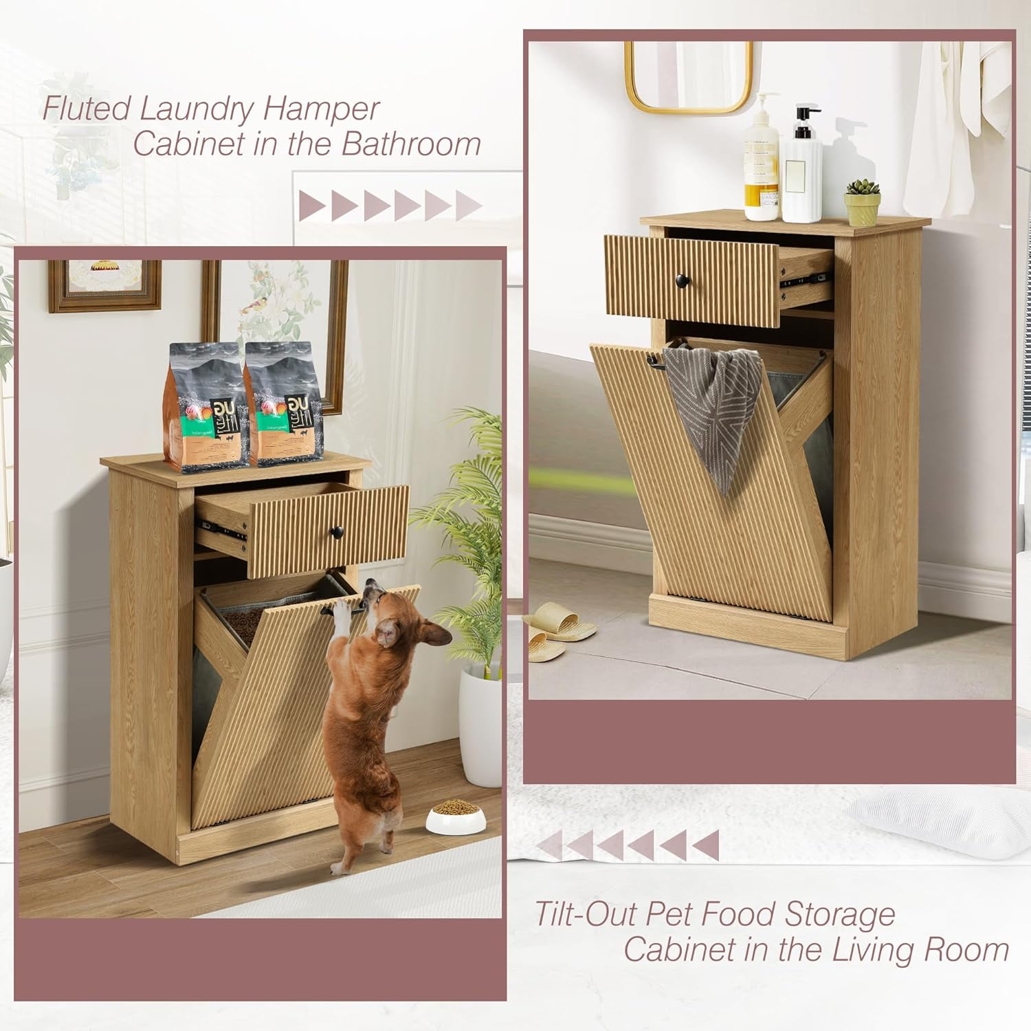 Haverchair 35.8" H Tilt Out Laundry Hamper Cabinet, Modern Fluted Trash Can Cabinets with Drawer, Wooden Hidden Garbage Cabinet for Kitchen and Bathroom