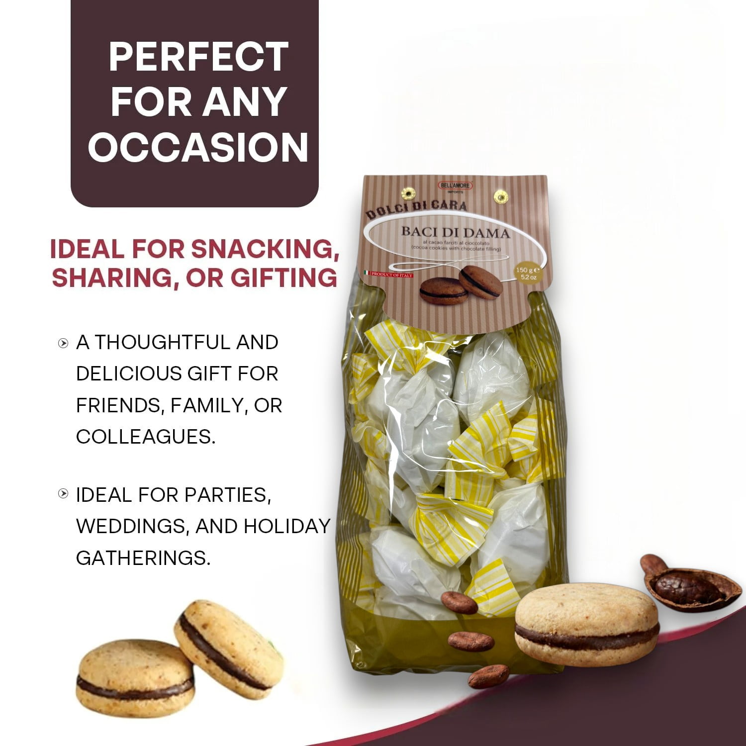 Italian Amaretti Cookies, Cocoa Cookies Filled with Rich Chocolate Cream, 300g (2 x 150g bags), Made in Italy - Baci Di Dama