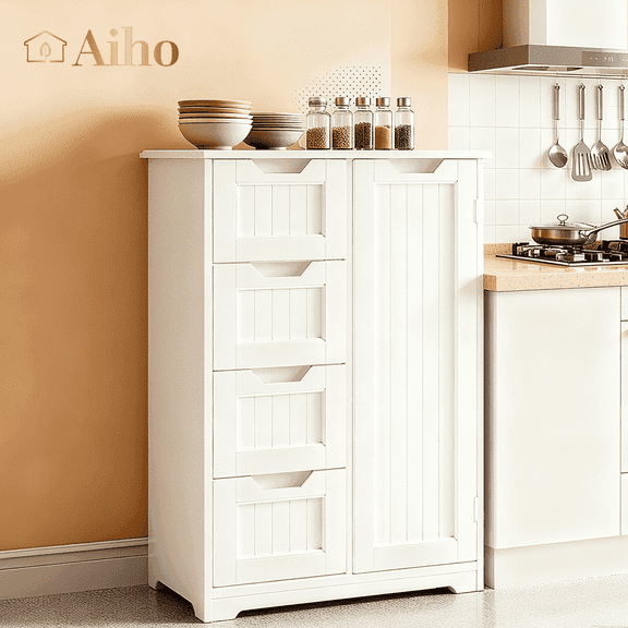 Aiho Wooden Kitchen Pantry Cabinet, 31.5"L Kitchen Storage Cabinets with 4 Drawers, 1 Door and Adjustable Shelves, For Kicchen, Dining Room, Livingroom, Bathroom - White
