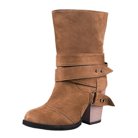 

NECHOLOGY Womens Boots Mid Calf Winter Large Women s Size Medium Boots Belt Boots with Fringe for Women Wide Calf Khaki 8.5