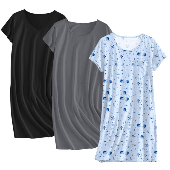 Ekouaer Cotton Nightgowns for Women 3 Pack Sleepshirts Short Sleeve Night Shirt Tshirt Night Gown Soft Sleepwear Print Sleep Dress