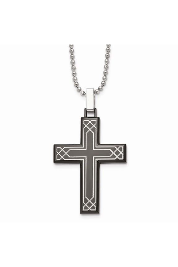 Stainless Steel Polished Laser Etched Black IP Cross Necklace; 24 inch; for Adults and Teens; for Women and Men