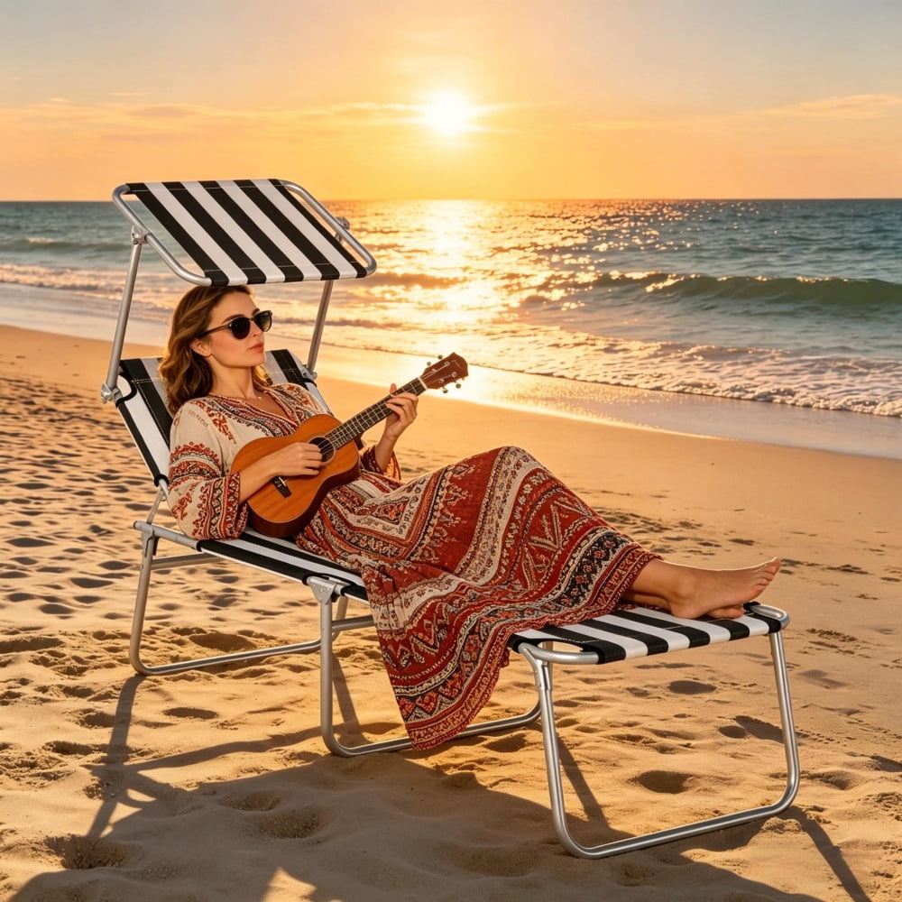 Outdoor Folding Chaise Lounge with Detachable Adjustable Awning, 4-Position Reclining Backrest, Metal Frame Oxford Cloth Sun Lounger, Lightweight Portable for Patio Garden Poolside Beach