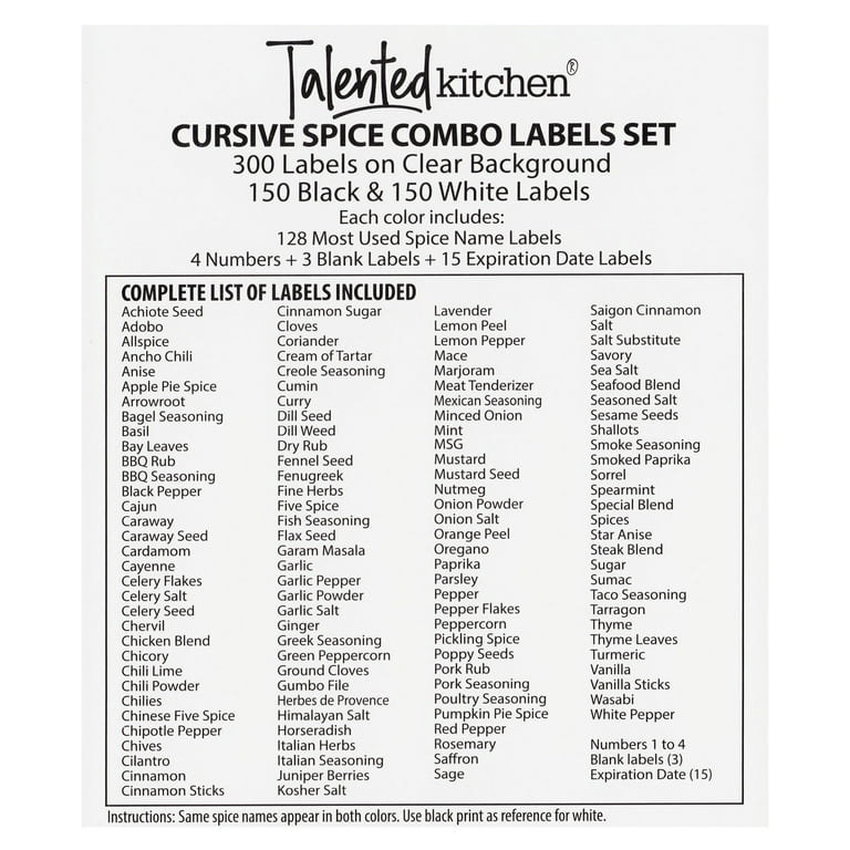 Talented Kitchen 300 Preprinted Spice Labels, Clear Spice Jar Labels For  Seasoning, Herbs, Pantry And Kitchen Spice Rack Organization, Black And  White Cursive Font