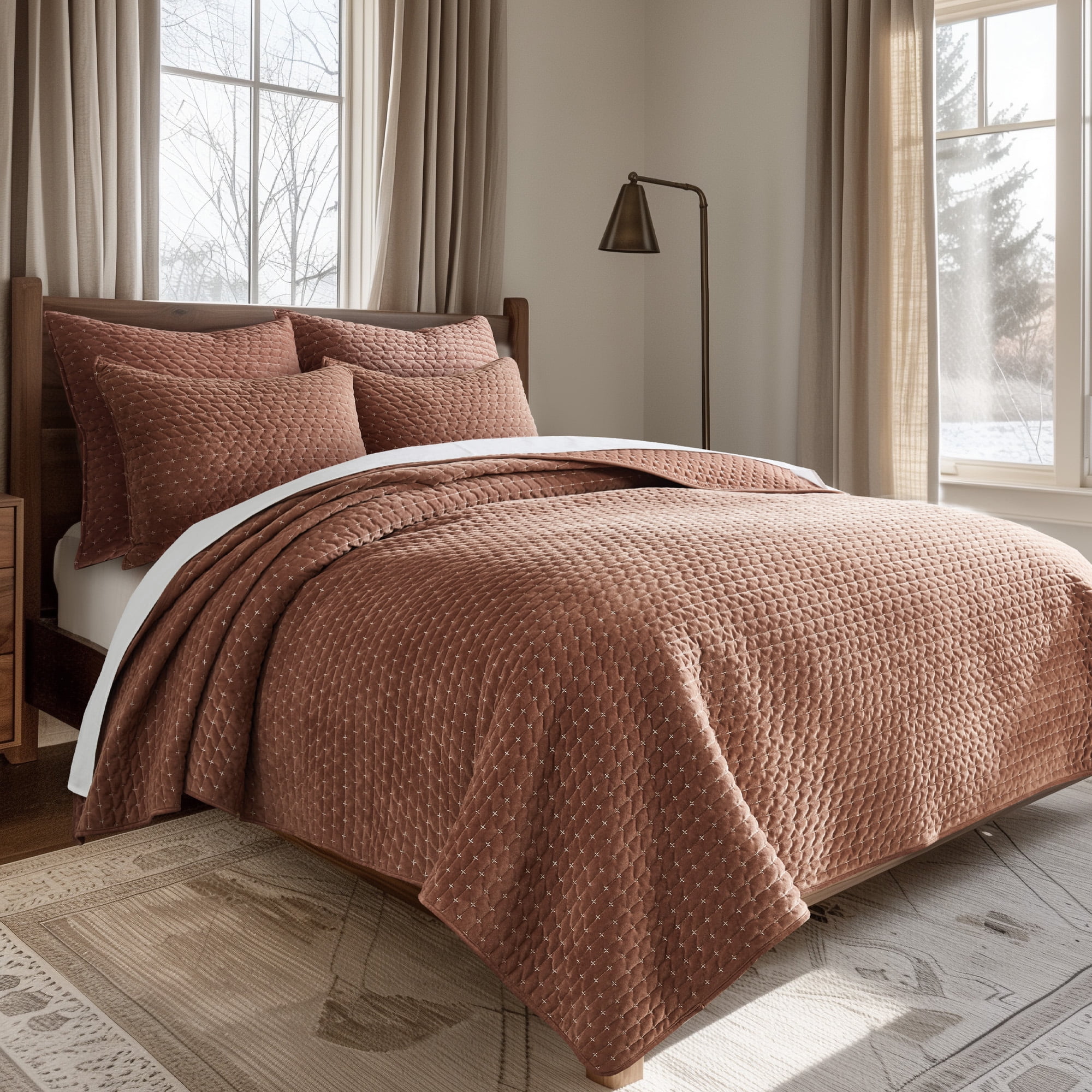 Levtex Home - Velvet Stitch Quilt Set - King Quilt and Two King Shams - Cross Stitch Velvet - Rust with White - Quilt (106x92in.) and Shams (20x36in.) - Reversible - Polyester