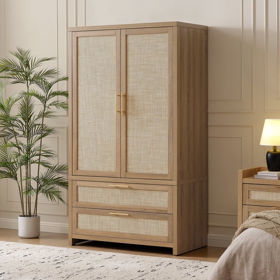 SICOTAS 40"W Oversized Boho Armoire Wardrobe Closet with 2 Large Drawers, 71" Tall Rattan Clothing Storage Cabinet with Shelves & Hanging Rod, Farmhouse Freestanding Wardrobe Cabinet for Bedroom, Oak
