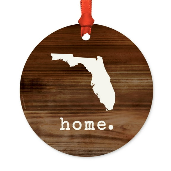 US State Round Metal Christmas Ornament, Rustic Wood Print, Florida, Includes Ribbon and Gift Bag