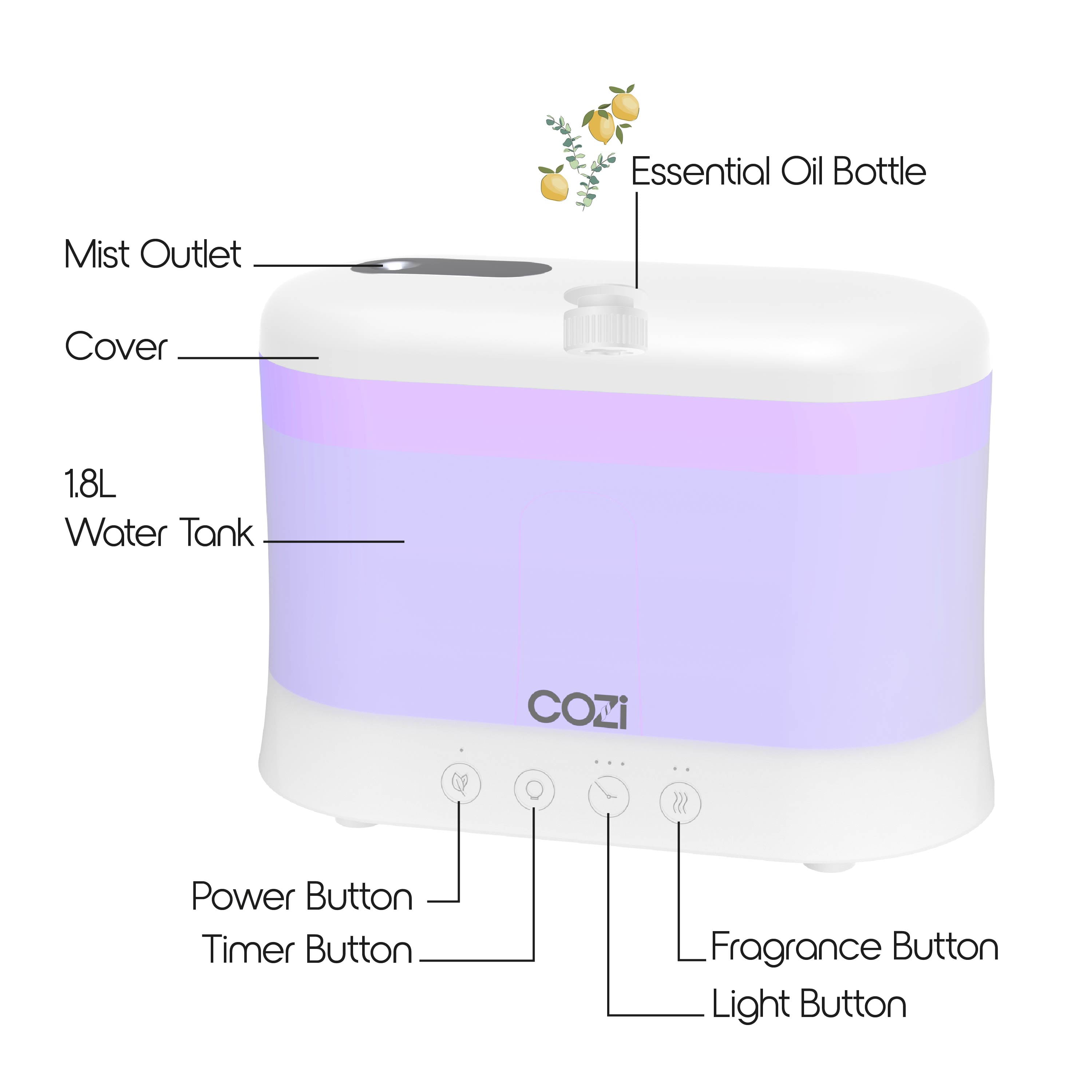 Cozi by Tzumi Cool Mist Humidifier and Aroma Diffuser with LED Lights, Room Humidifier for Bedroom and Home Office