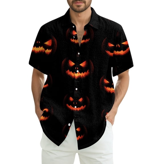 WTOBBY Men's Halloween Printed Short Sleeve Shirt Casual Loose Fit Party Graphic Tee Cotton Blend Breathable Top for Festival Costume Holiday Celebration,Black L