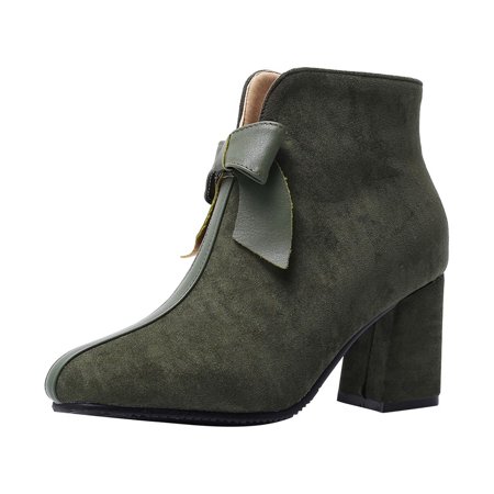 

hopeusnice Women s Bow Decor Ankle Boots Suede Block Heel Booties Chunky Heel Winter Warm Dress Shoes Comfortable Side Zipper Mid Calf Boots Green 45