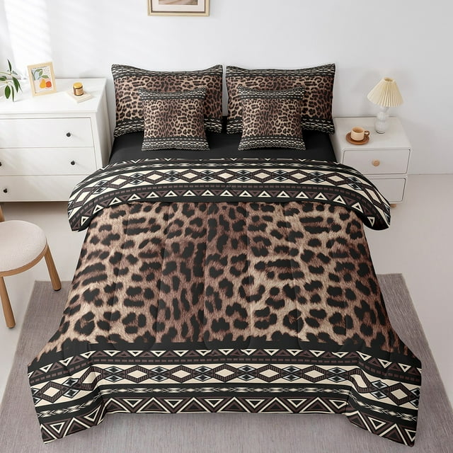 Erosebridal Leopard Print Comforter Set Full Size,Westerm Aztec Bedding Set for Kids Teens,Cheetah Pattern Bed in a Bag (Comforter,Sheets,Pillowcases & Cushion Covers)