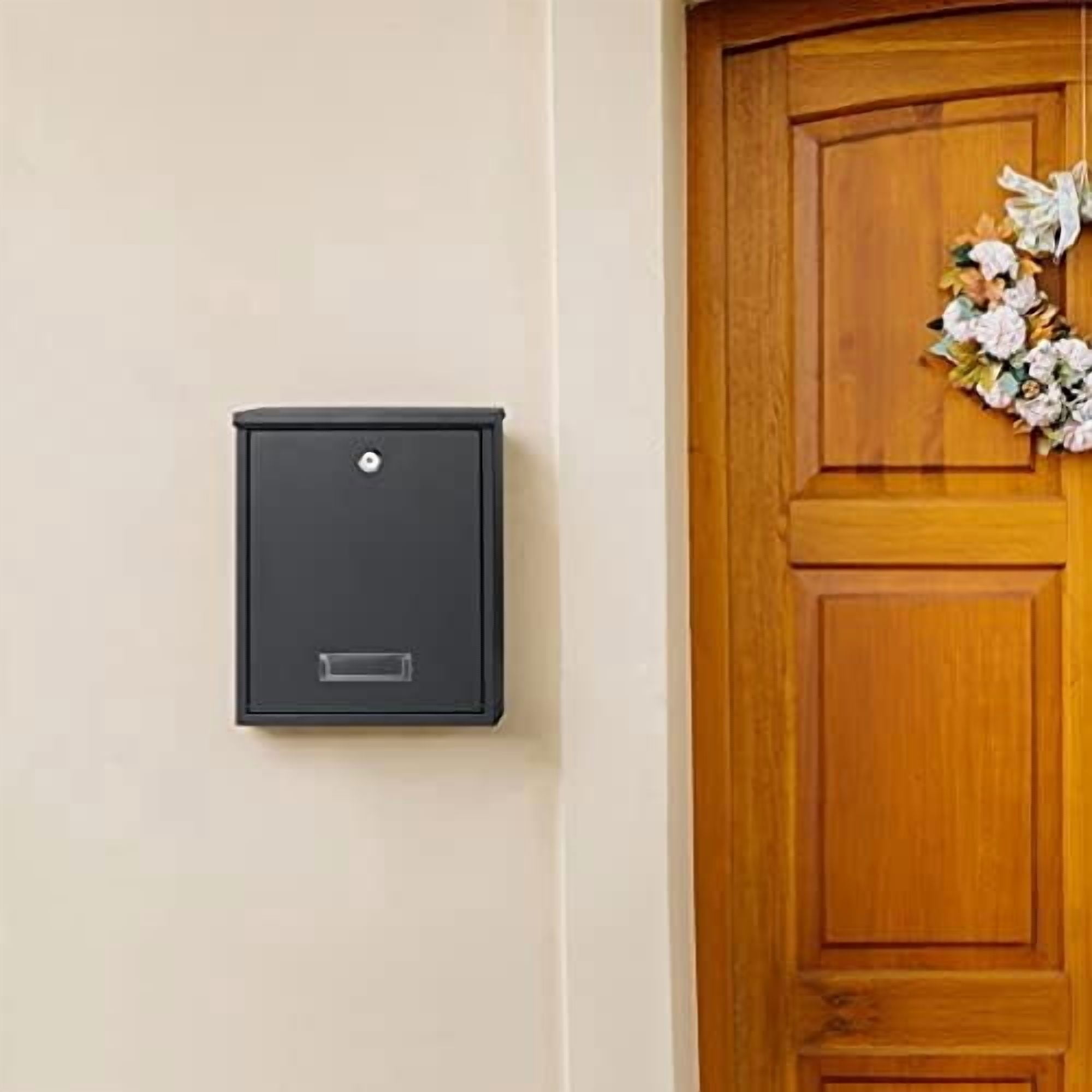 Locking Mailbox Wall Mount Key Lock Drop Box Large Capacity with Galvanized Steel Cover and Rust-Proof Metal Post Box, Black Matt, SM-0702LK,Medium