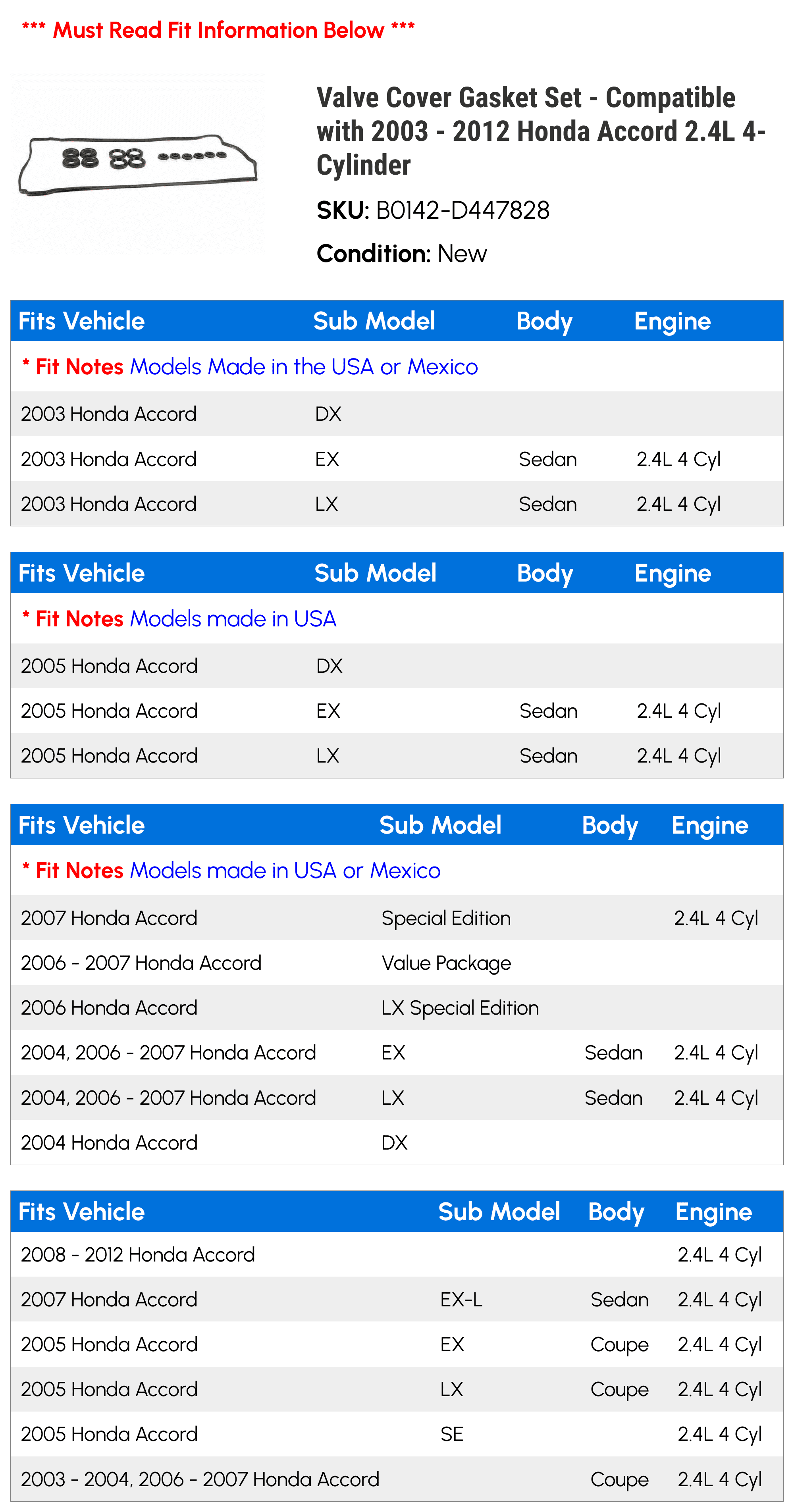 Valve Cover Gasket Set - Compatible with 2003 - 2012 Honda Accord 2.4L 4-Cylinder - Fel-Pro