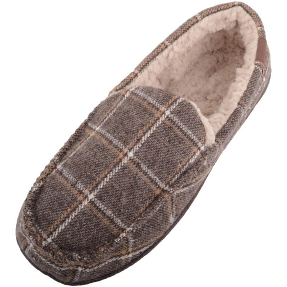 ABSOLUTE FOOTWEAR Mens Slip On Fleece Lined Winter Tartan Checked Moccasin Stye Slipper - Brown - US 11