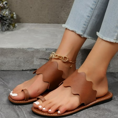 

SHYPM Comfortable & Stylish Women s Brown Slide Sandals - Faux Leather Open Toe Flats With Non-Slip Toe-Strap