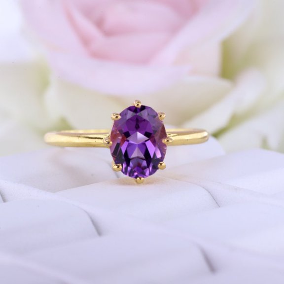 Amethyst Solitaire Engagement Ring, February Birthstone Delicate Ring, Eight Prong Set Ring, Women's Stacking Ring, Yellow Gold Plated