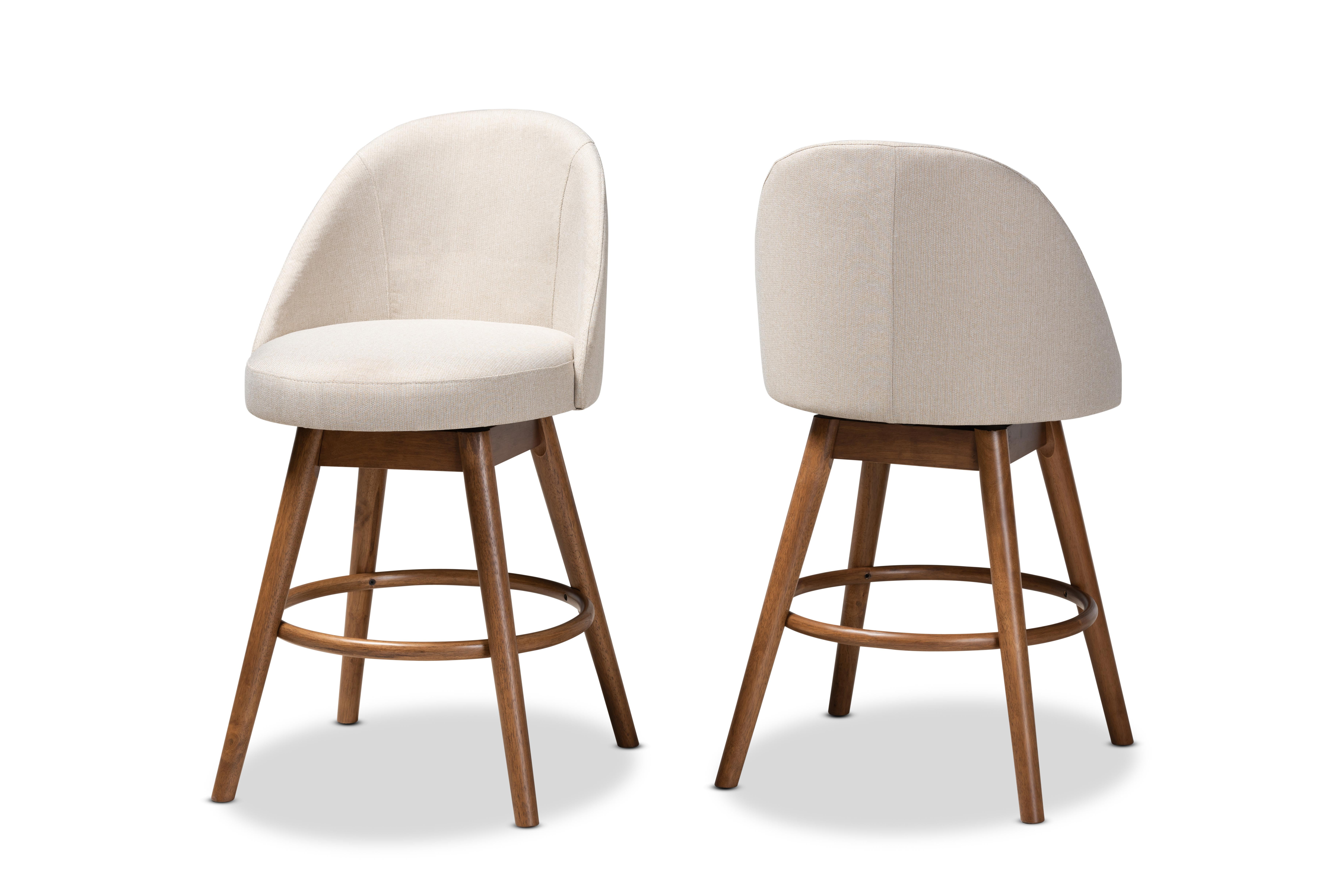 Set of 2 Baxton Studio Carra Mid-Century Modern Light Beige Fabric Upholstered Walnut-Finished Wood Swivel Counter Stool Set