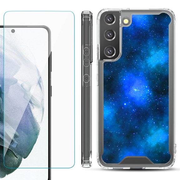 Shockproof Bumper Phone Case for Samsung Galaxy S22 5G, with Tempered Glass Screen Protector, by OneToughShield ® - Cosmos/Stars