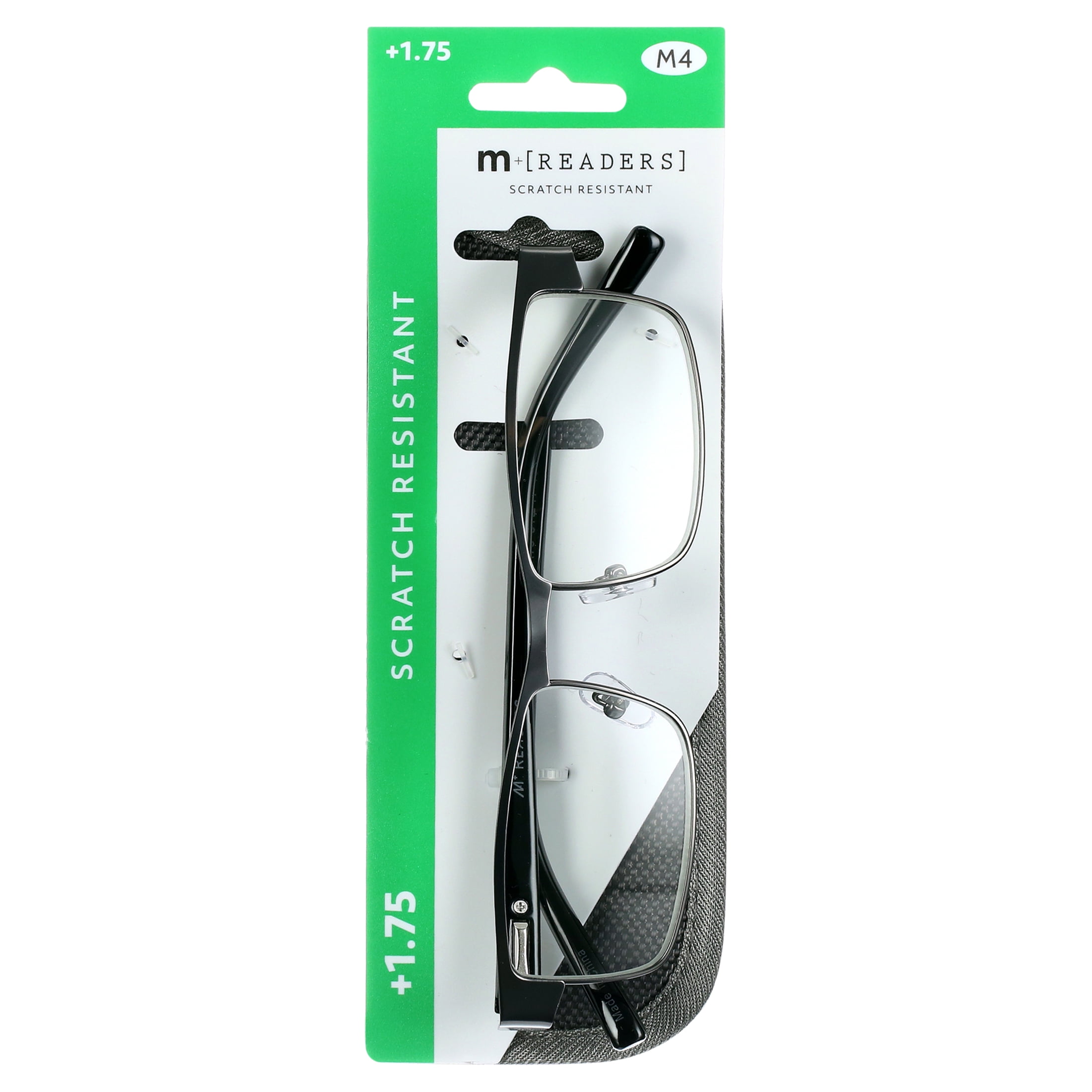 M+ Men's Birch Rectangle Reading Glasses with Case, Gunmetal