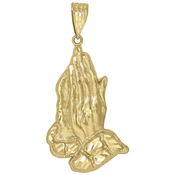 10k 10Kt Yellow Gold Diamond-Cut Nugget Mens Praying Hands Religious Charm Pendant