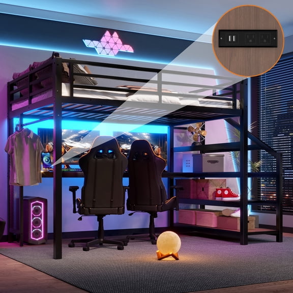 Bellemave Queen Size Loft Bed with Desk, Metal Loft Bed with Built-in Storage Shelves and Multifunctional Iron Nets, Loft Bed Queen with USB, LED, Loft Bed Queen Size for Teens Adults, Black