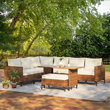 LAUSAINT HOME 8-Piece Patio Furniture Set, Outdoor Wicker Conversation Set with Adjustable Backrest & Storage Ottoman, Beige Cushions