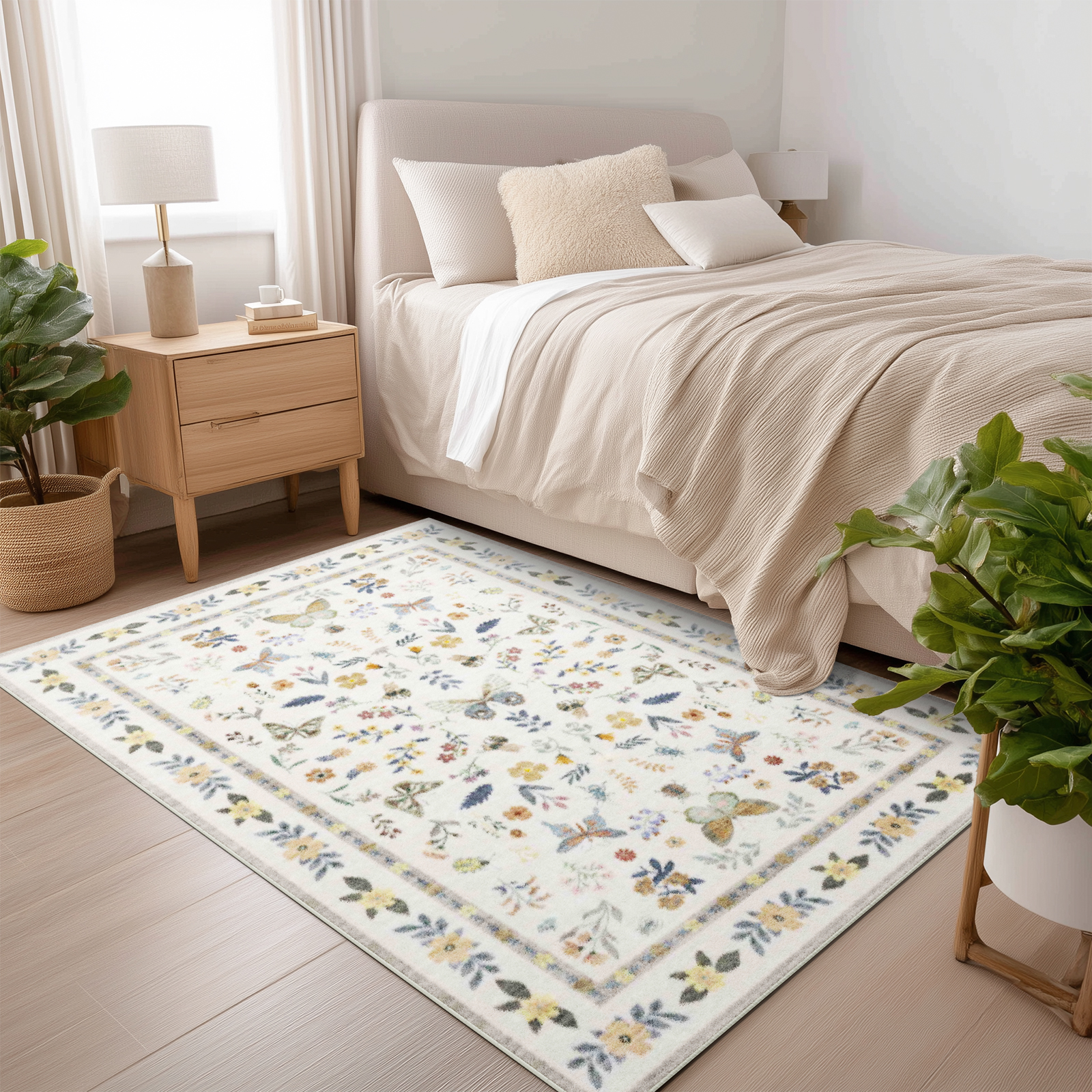 Area Rugs for Living Room, Homasen 4'x6' Washable Indoor Rug Boho Butterfly Beige, Soft Low Pile Stain Resistant Carpet for Entryway Nursery Bedroom
