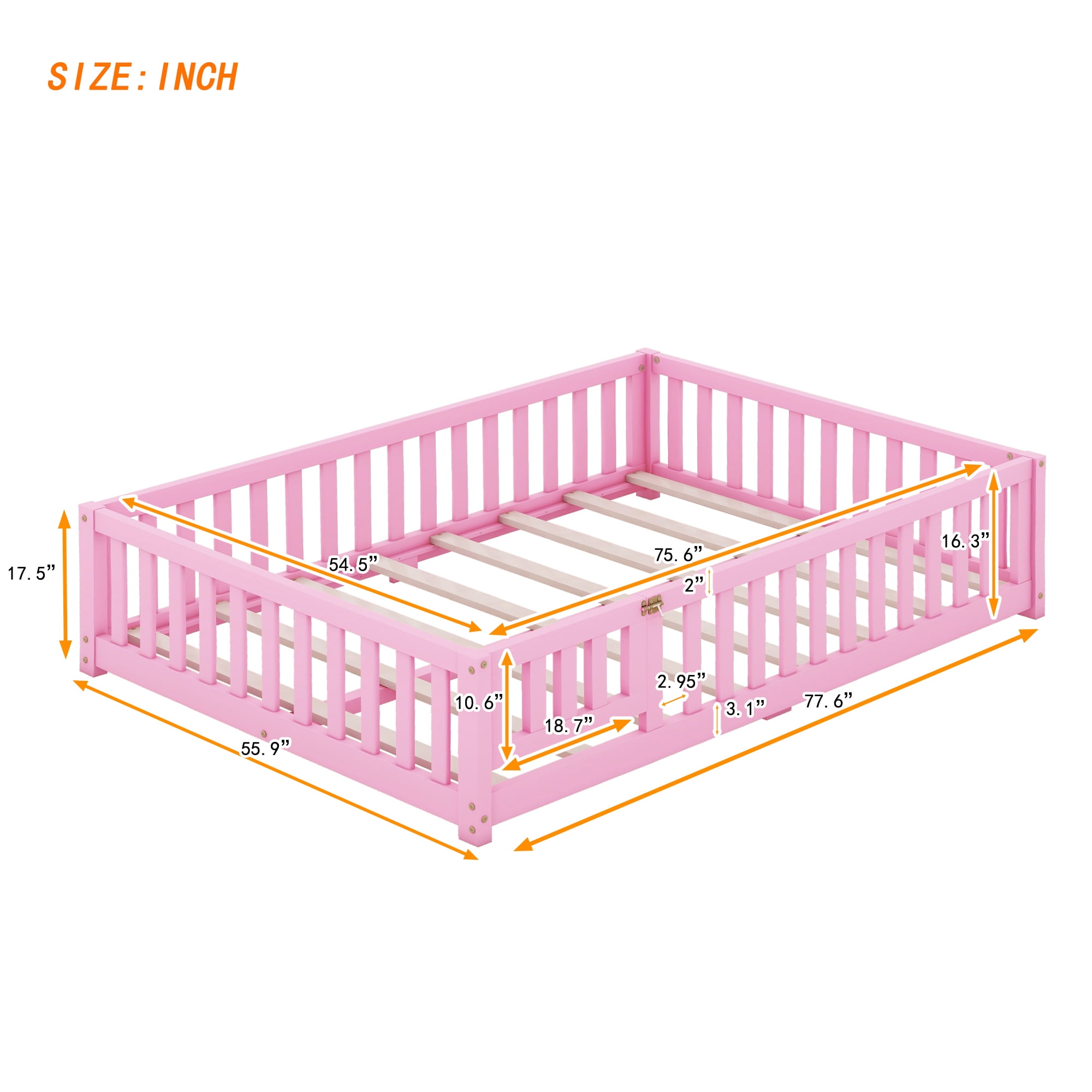Miniyam Full Size Toddler Floor Bed with with Safety Guardrails, Pink