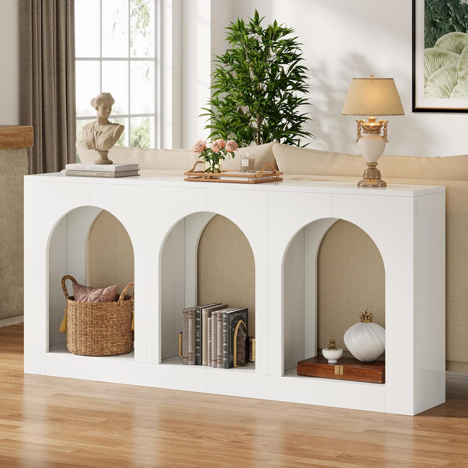 Tribesigns 70.9" White Console Entryway Table: Inviting Design with Three Arched Shelves, Offering Spacious Storage for Foyer, Living Room, Behind Sofa
