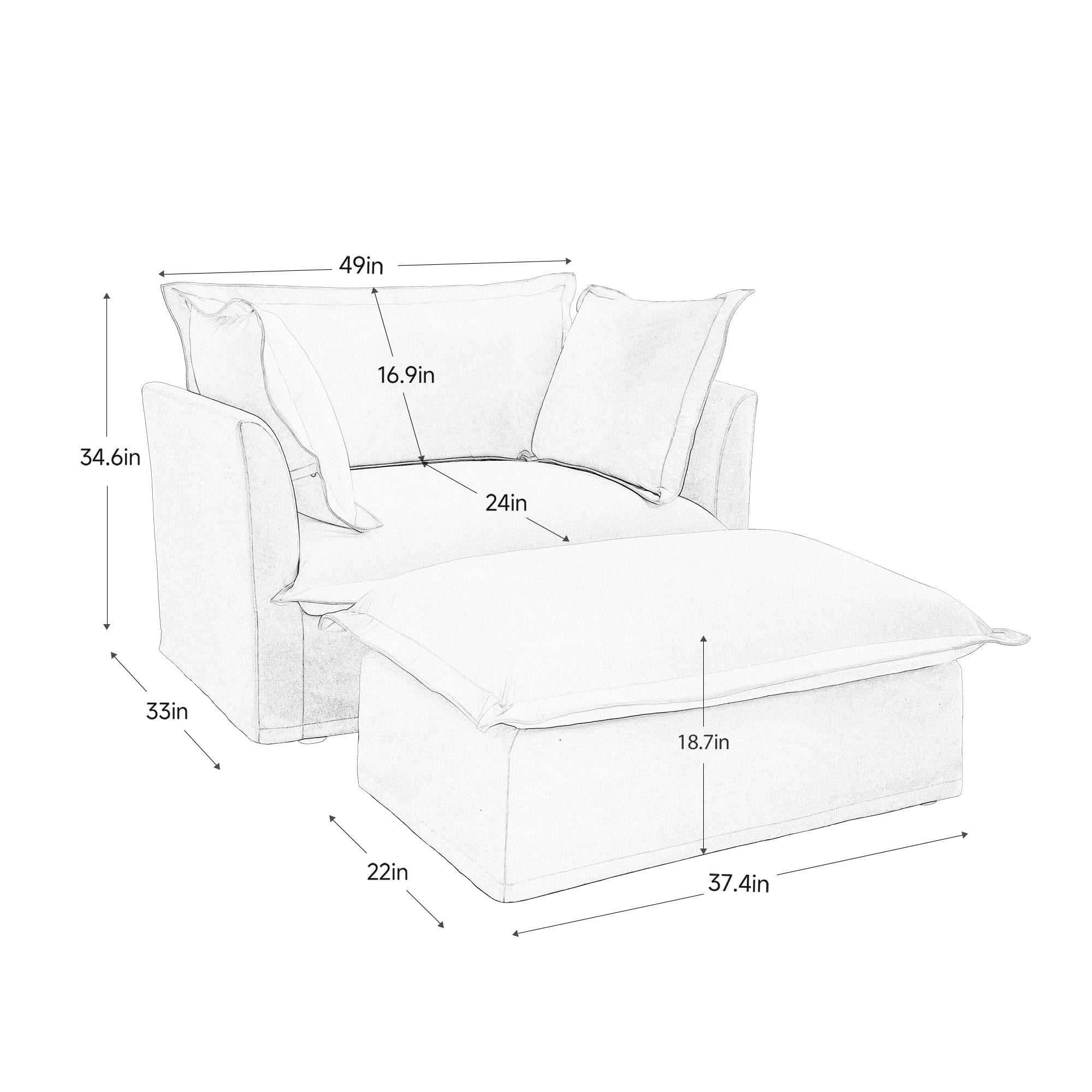 Gewnee Upholstered Slipcovered Chenille Fabric Cream Armchair with Ottoman, Deep Seat Armchair W/ Wide Ottoman for Living Room