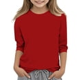thumbnail image 2 of LIaqionyy Girls Basic Solid Color Tops 3-12 Years Casual Round Neck 3/4 Sleeves T-Shirts Lightweight Comfy Pullover, 2 of 5