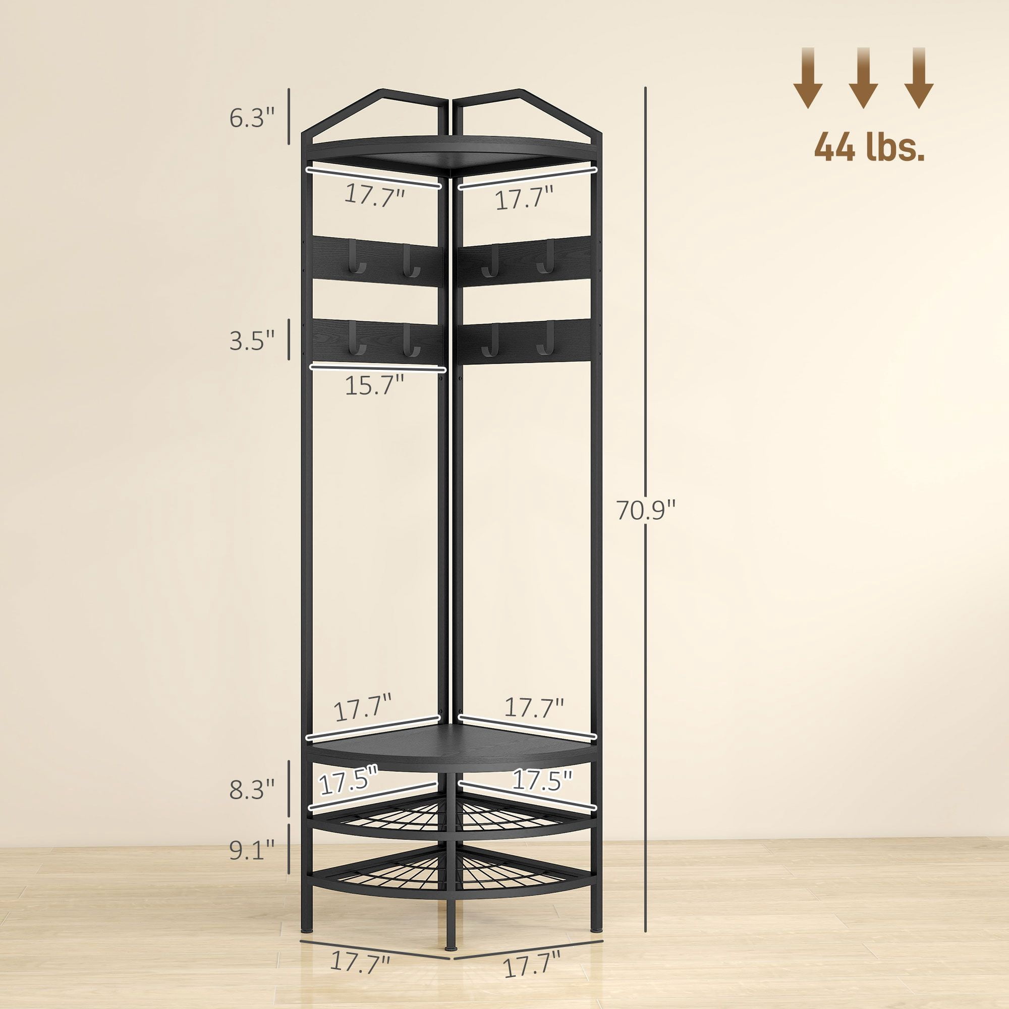 17.7IN Corner Hall Tree with 8 Movable Hooks Shoe Rack Shelves Industrial Style Entryway Organizer