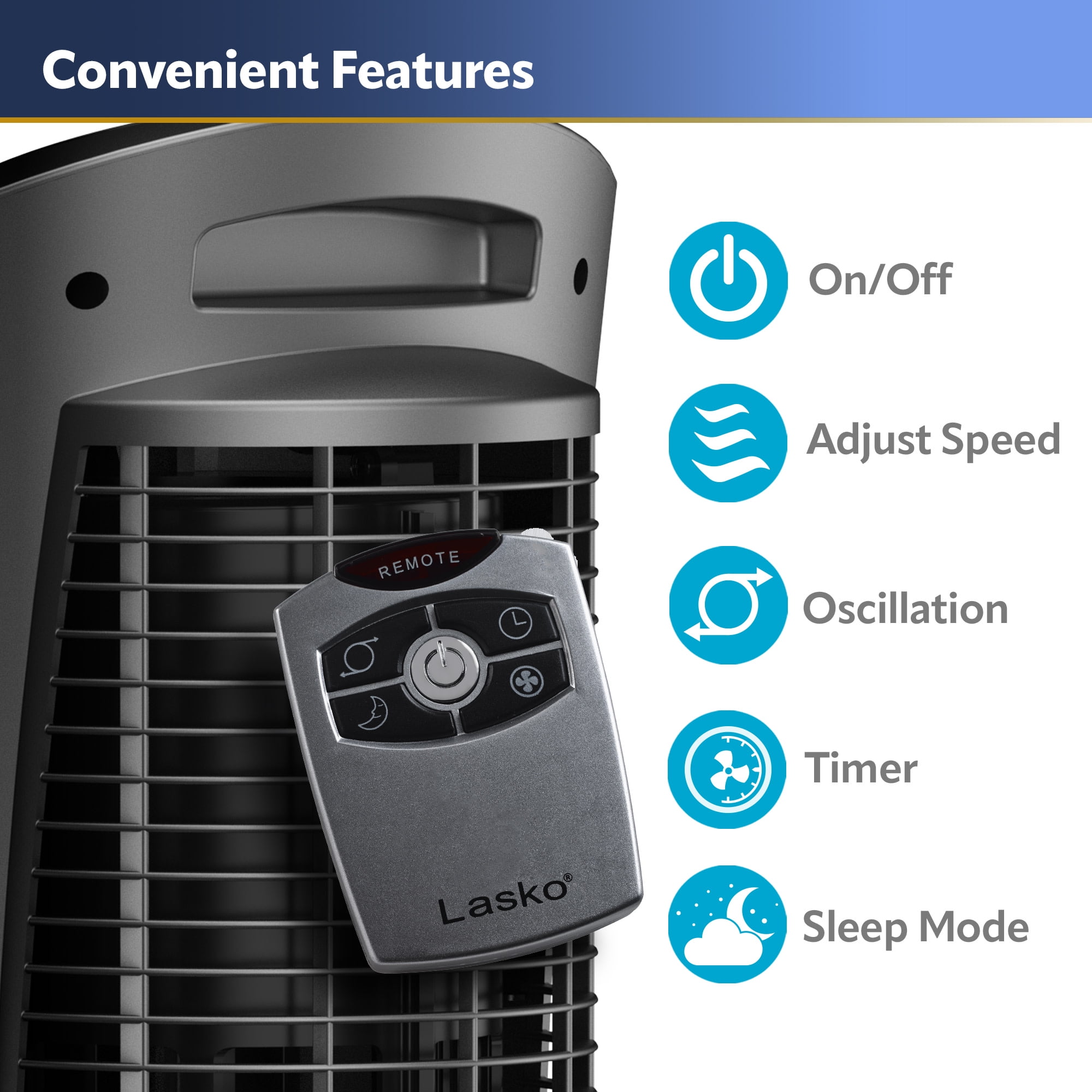 Lasko 52" 3-Speed Adjustable Oscillating Remote Controlled Pedestal Tower Fan, Gray, 2535