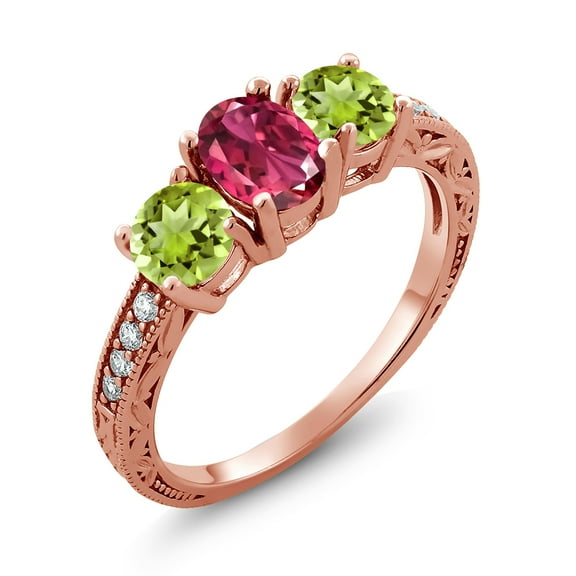 Gem Stone King 2.07 Ct Oval Pink Tourmaline Green Peridot 18K Rose Gold Plated Silver Moissanite Ring (Size 7)