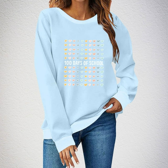 Xuyuer Women 100 Days of School Sweatshirt: Funny Teacher Shirts School Teaching Long Sleeves Teachers Gifts Tops Teacher Graphic T-Shirts School Days Tee Tops
