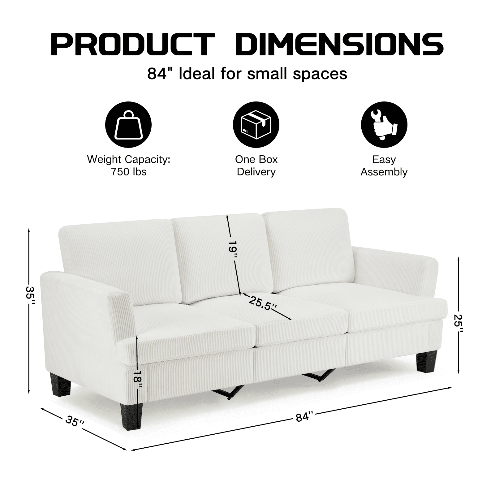 3 Seater Sofa, 84"W Corduroy Sofa with Extra Deep Seats, Modern Comfy Couch for Living Room, White