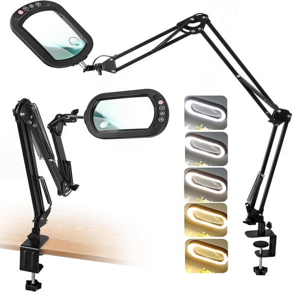 Magnifying Glass with Light and Clamp, Ultra Long 3 Section Swing Arm LED Desk Lamp, Real Glass Lens, 5 Color Modes Dimmable, Hands Free Lighted Magnifier with Stand for Repair Craft Close Work