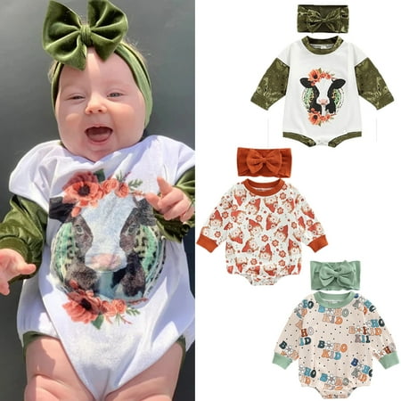 

URMAGIC Baby Girl Cute Cows Sweatshirt Romper+Headband Clothes 12-18 Months