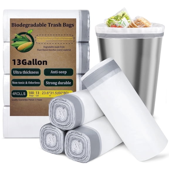 Treamon 13 Gallon Garbage Bags 100 Count, Tall Kitchen Garbage Bags with Drawstring Style, High Density Bags, White