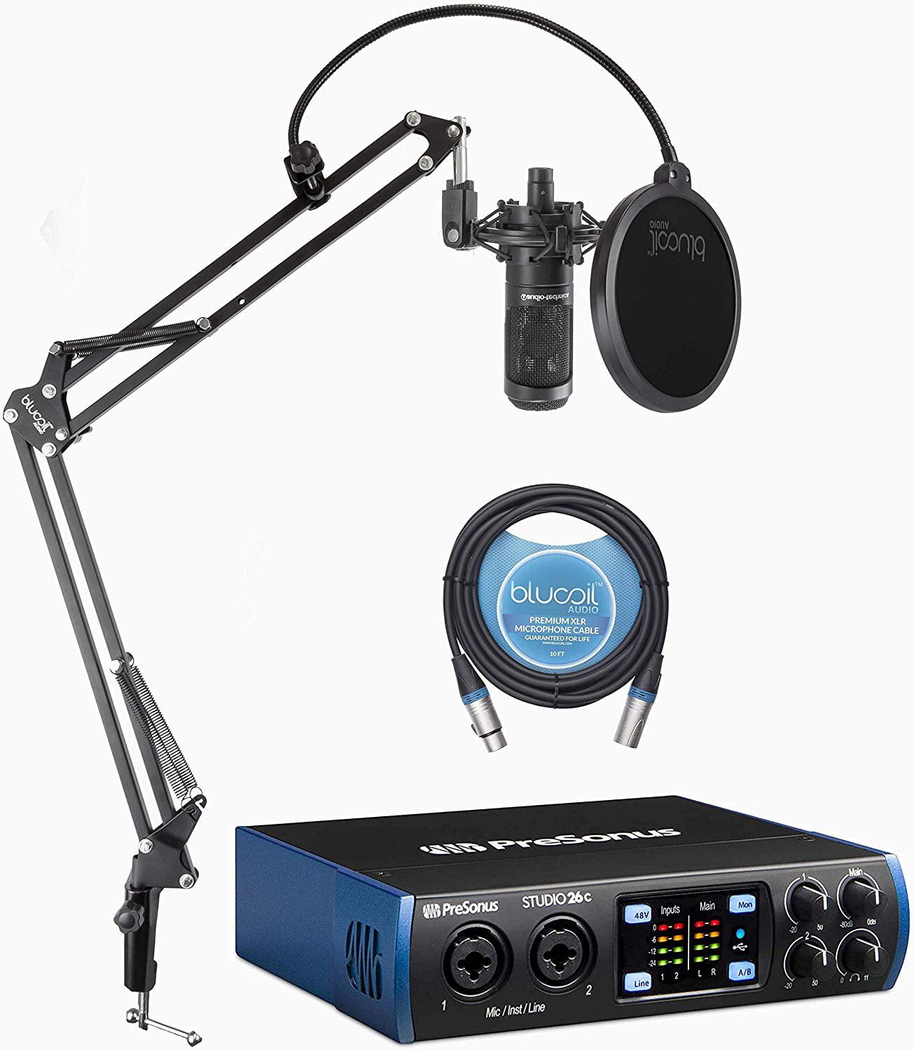 Boom Arm Plus Pop Filter Podcasting & Streaming Bundle with Blucoil Portable USB Audio Interface for Windows and Mac and 10' XLR Cable Audio Technica AT2035 Cardioid Condenser Microphone for Studio 