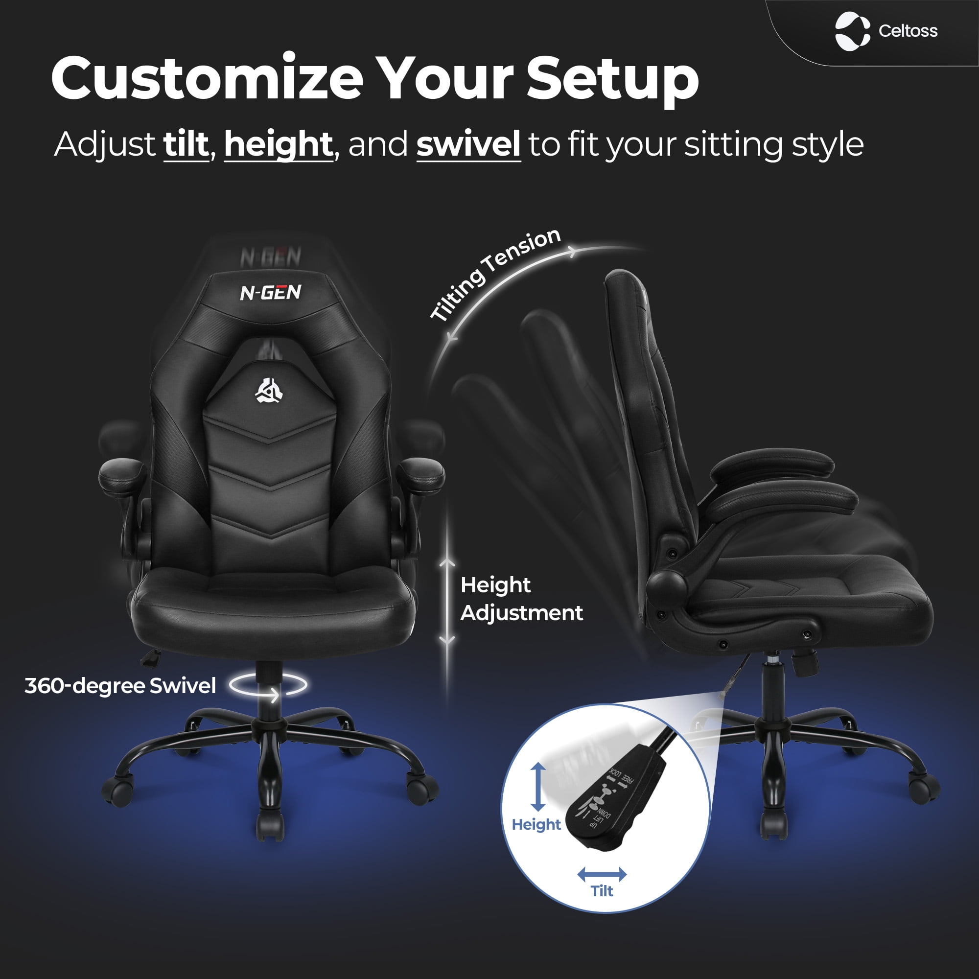 CELTOSS  Black Gaming Chair, Flip-up Armrest Computer Chair Ergonomic Office Chair PU Leather Desk Chair Executive Adjustable Swivel Task Chair