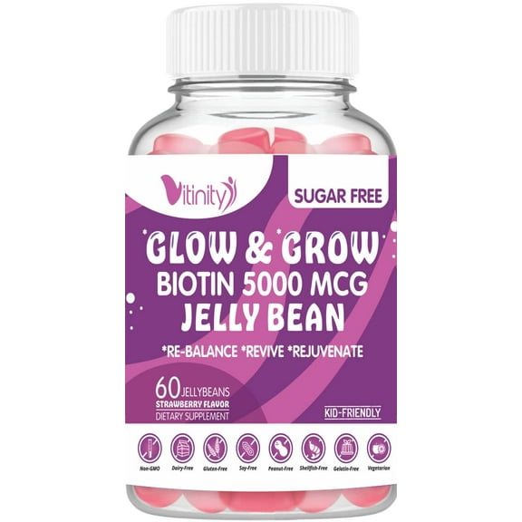 VITINITY Biotin 5000 Mcg Extra Strength Vegetarian (Vitamin B) Sugar-Free Supplement-Supports Healthier Hair & Skin - Women & Men 120 Veggie Sugar-Free Jelly Beans (30 Day Supply)